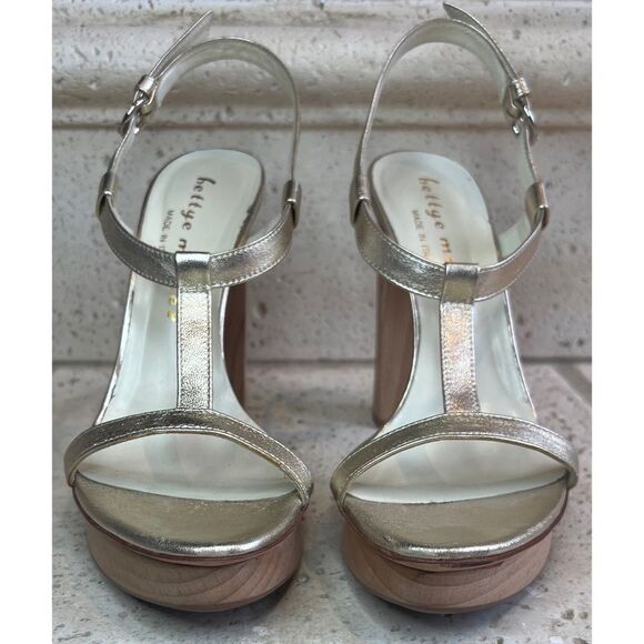 bettye muller Shoes - Bettye Muller Gold Leather T-Strap Wooden Platform Sandals Size EU 37 US 6.5